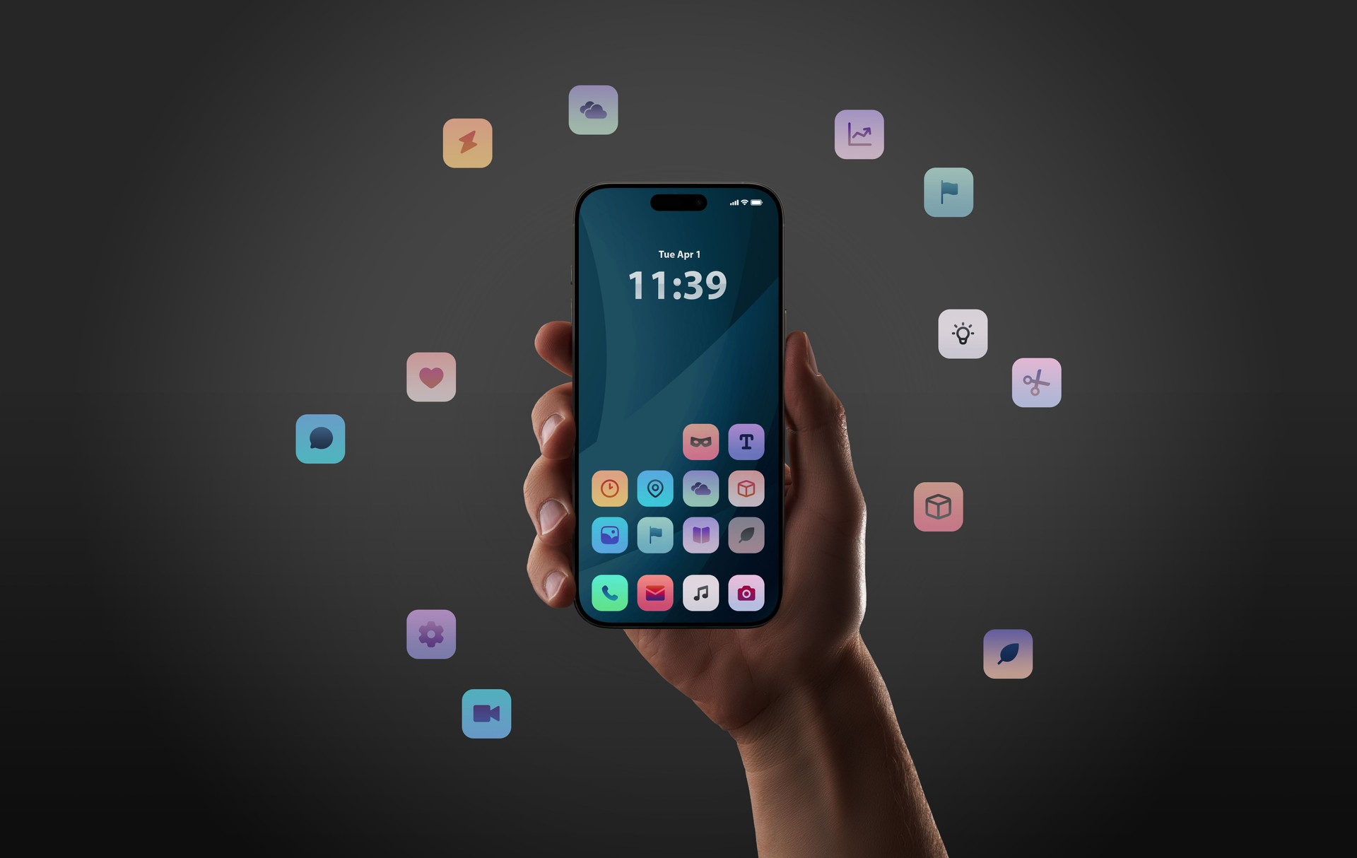 Les icônes d’application flottantes autour du smartphone dans un cadre sombre mettent en évidence la créativité numérique et l’expérience mobile interactive